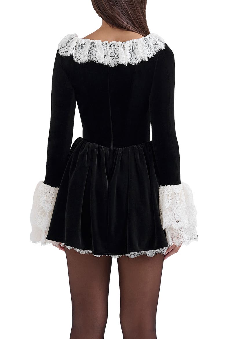 Czarina Lace Trim Ruffle Minidress, Alternate, color, BLACK