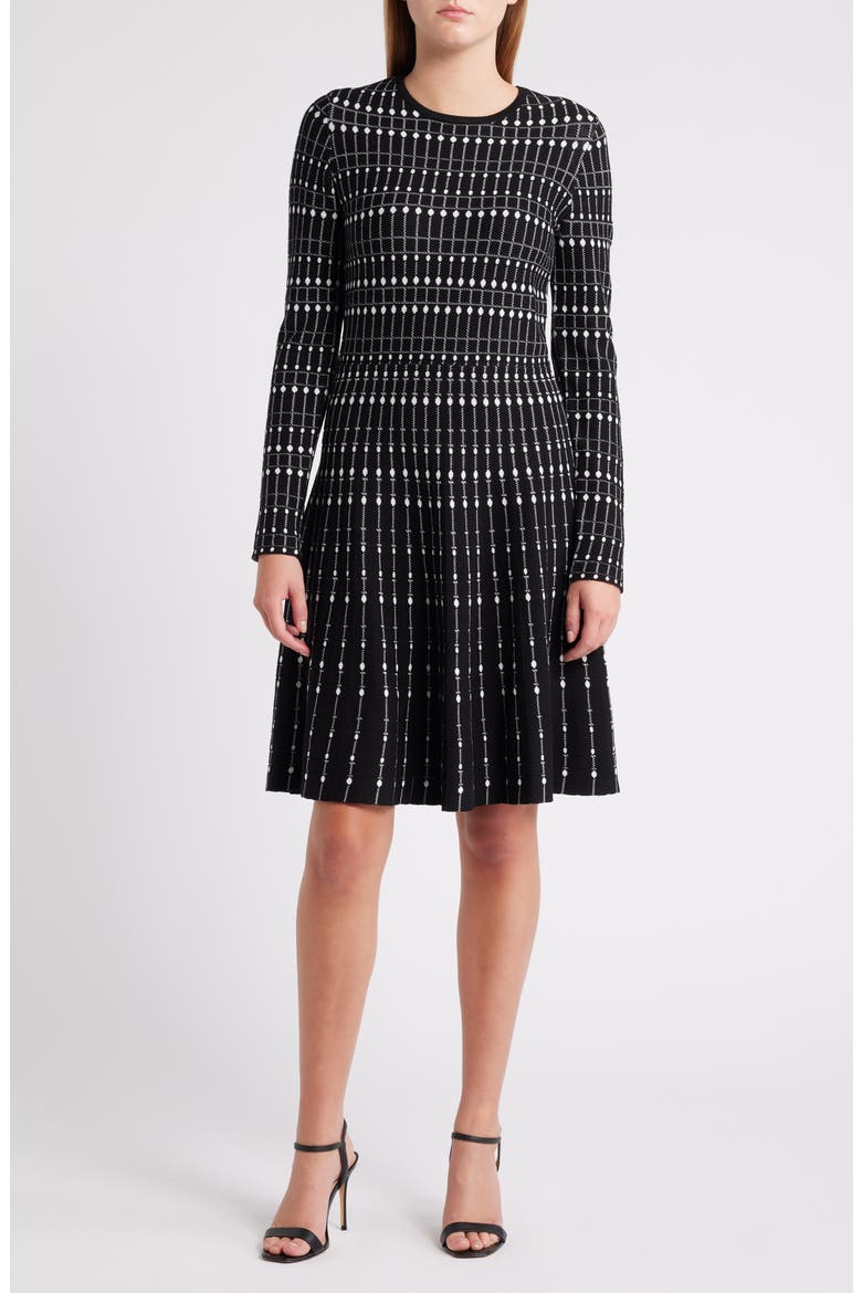 Stripe Jacquard Long Sleeve Sweater Dress, Main, color, BLACK WHITE