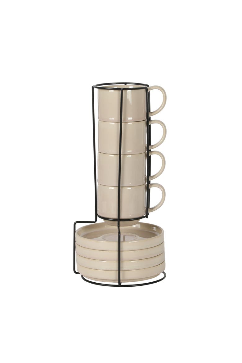 Sunrise Hills Stackable Stoneware Cup and Saucer Set with Metal Rack, Main, color, Cream