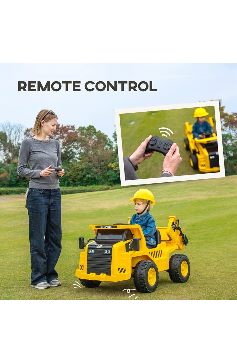 Qaba Caterpillar 12V Kids Excavator Ride on with Remote, Bucket, Shovel, Music, Loudspeaker, Alternate, color, Yellow