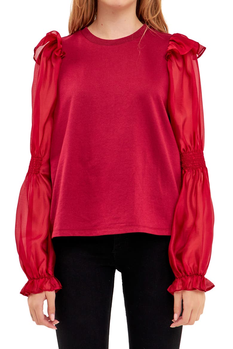 Puff Sleeve Cotton and Organza Blouse, Alternate, color, WINE