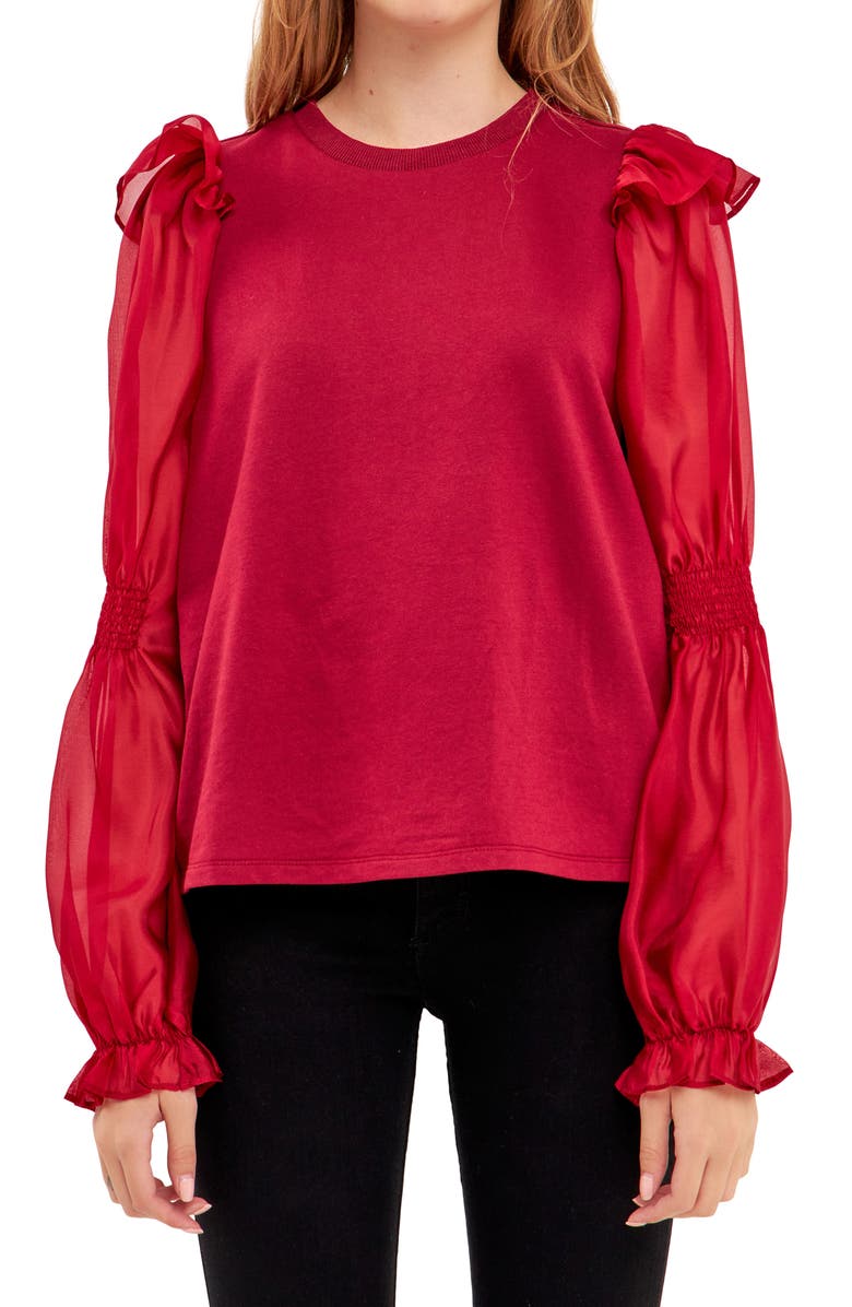 English Factory Puff Sleeve Cotton and Organza Blouse, Alternate, color, Wine