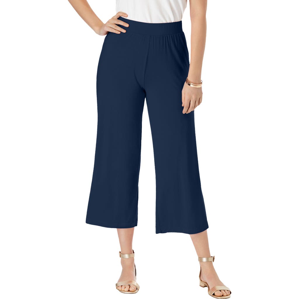 Jessica London Everyday Stretch Knit Wide Leg Crop Pant In Blue