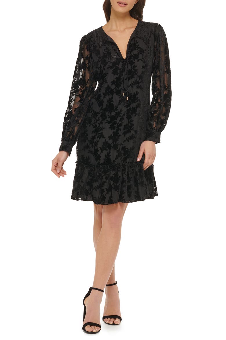 Velvet Burnout Long Sleeve Dress, Main, color, BLACK