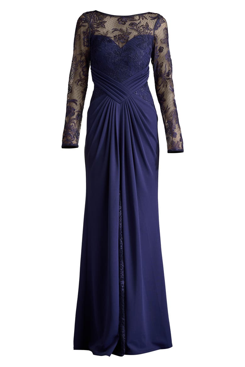 Floral Embroidery Long Sleeve Mixed Media Gown, Alternate, color, NOTTE