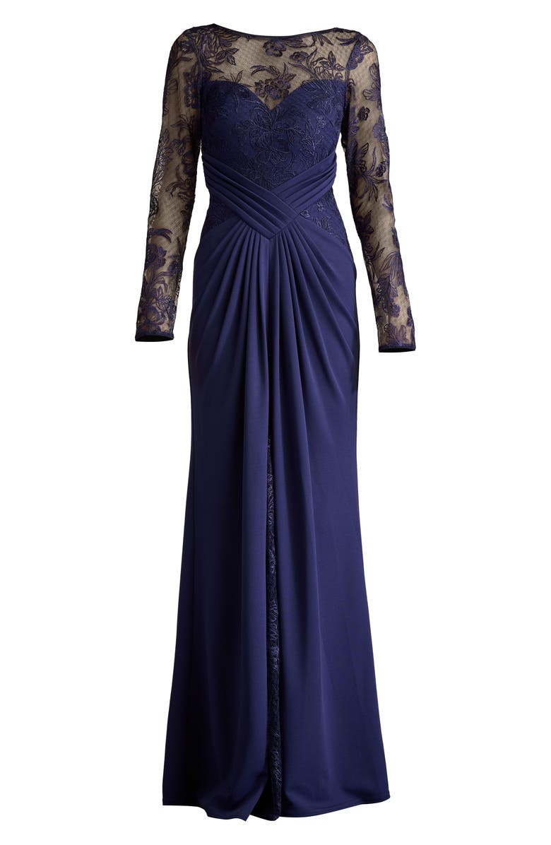 Tadashi Shoji Floral Embroidery Long Sleeve Mixed Media Gown, Alternate, color, Notte