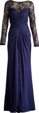 Tadashi Shoji Floral Embroidery Long Sleeve Mixed Media Gown