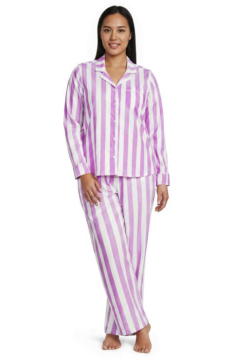 Plus Size Cotton Poplin 2 Piece Pajama Set - Long Sleeve Top and Pants