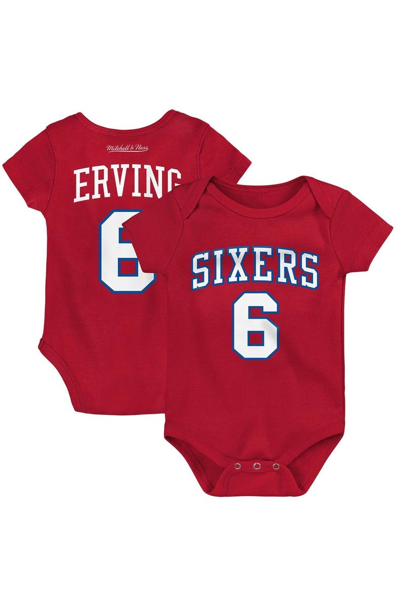 Mitchell & Ness Infant Mitchell & Ness Julius Erving Red Philadelphia 76ers Hardwood Classics Name & Number Bodysuit, Main, color, 