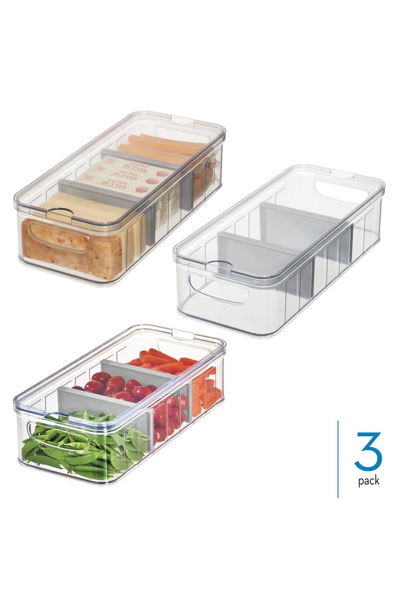 Large Fridge Organizer Bin with Removable Divider and Lid - Set of 3 - Clear/Gray, Alternate, color, Gray