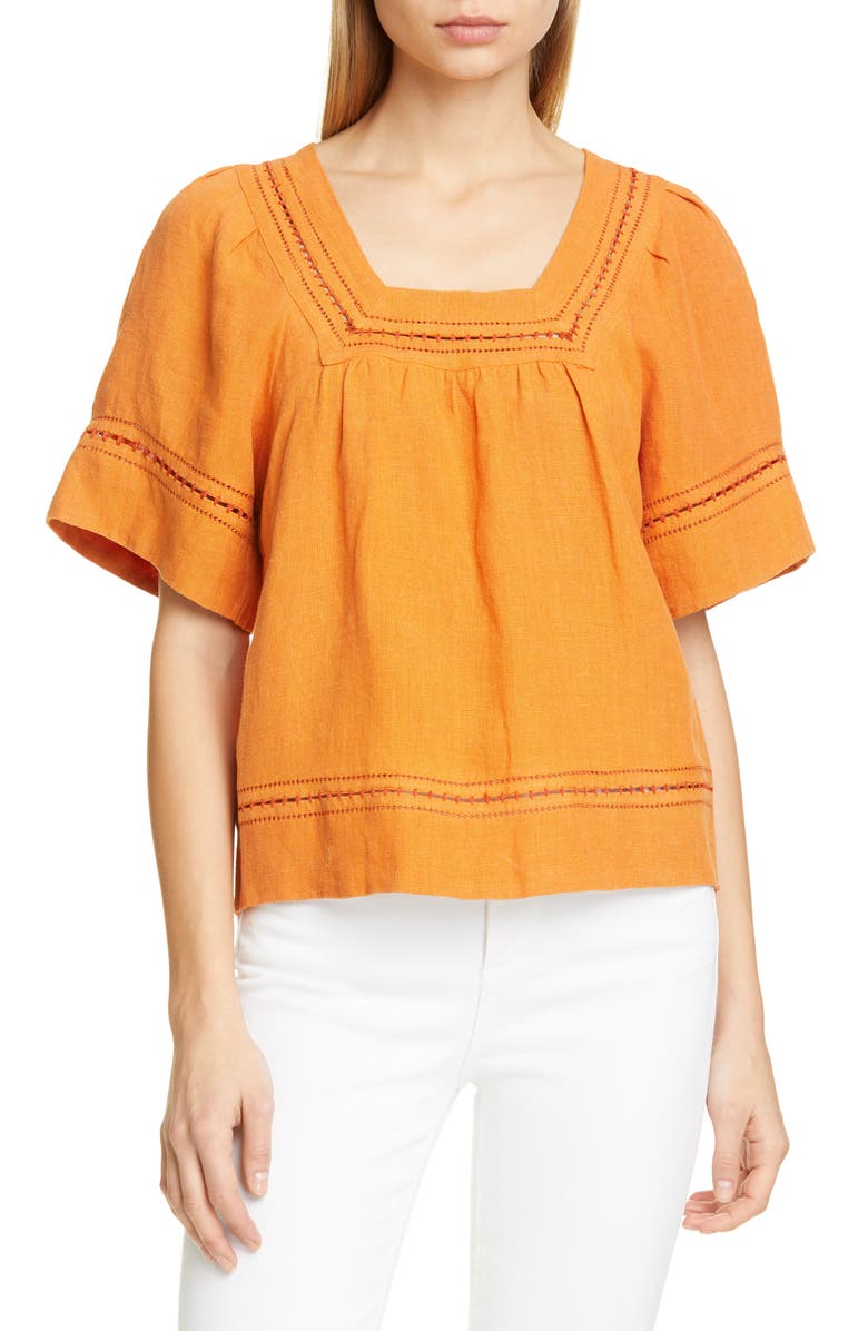 Sea Izzy Puff Sleeve Cotton & Linen Top, Main, color, 