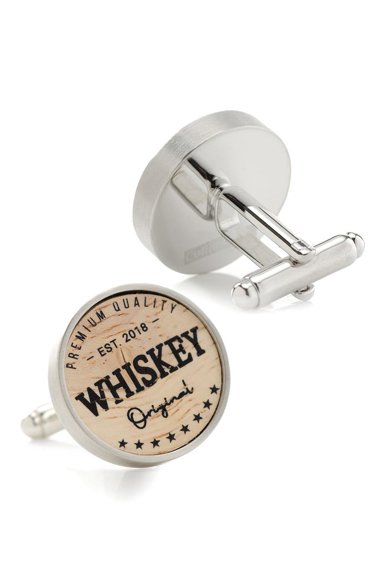 Men's Whiskey Barrel Wood Cuff Links, Alternate, color, BROWN