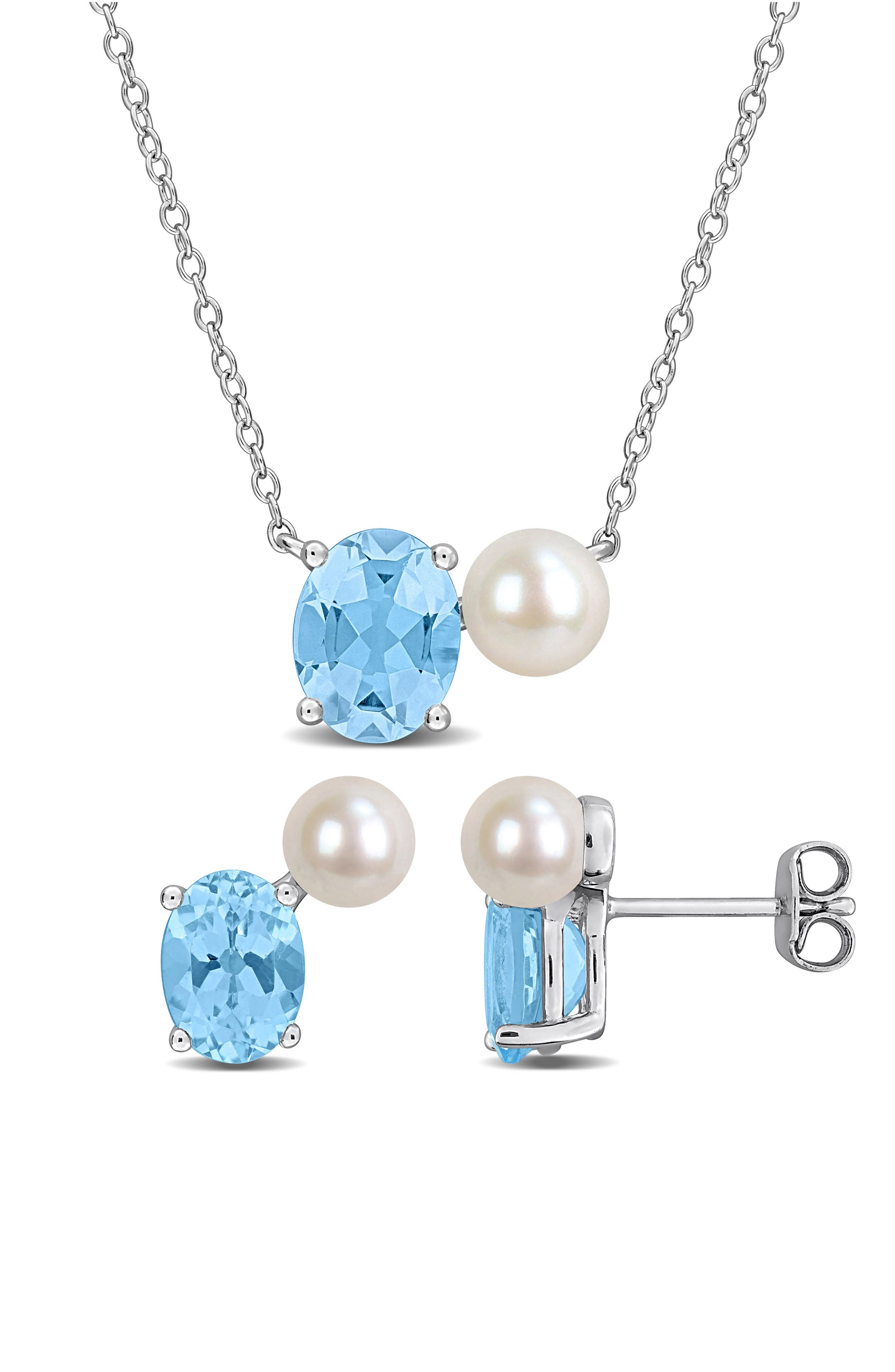 DELMAR Blue Topaz & Freshwater Pearl Stud Earrings & Necklace Set