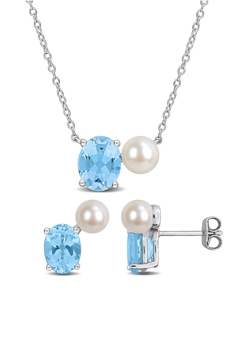 Blue Topaz & Freshwater Pearl Stud Earrings & Necklace Set, Main, color, BLUE MULTI