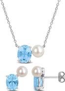DELMAR Blue Topaz & Freshwater Pearl Stud Earrings & Necklace Set