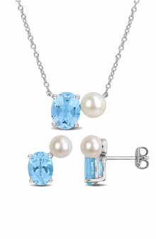 DELMAR Blue Topaz & Freshwater Pearl Stud Earrings & Necklace Set
