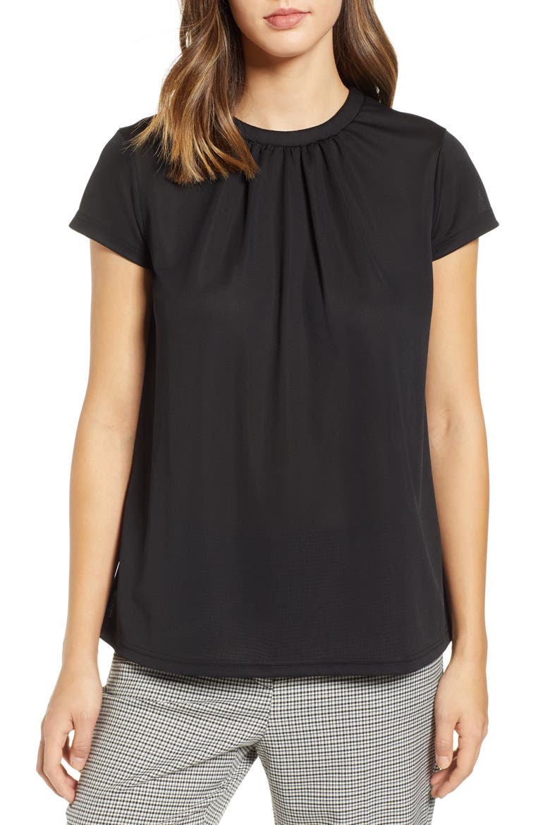 Pleat Front Crepe Top, Main, color, BLACK