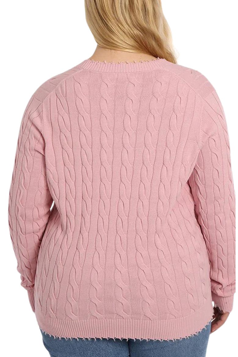 Frayed V-Neck Cable Knit Cotton Cardigan, Alternate, color, PINK PEARL