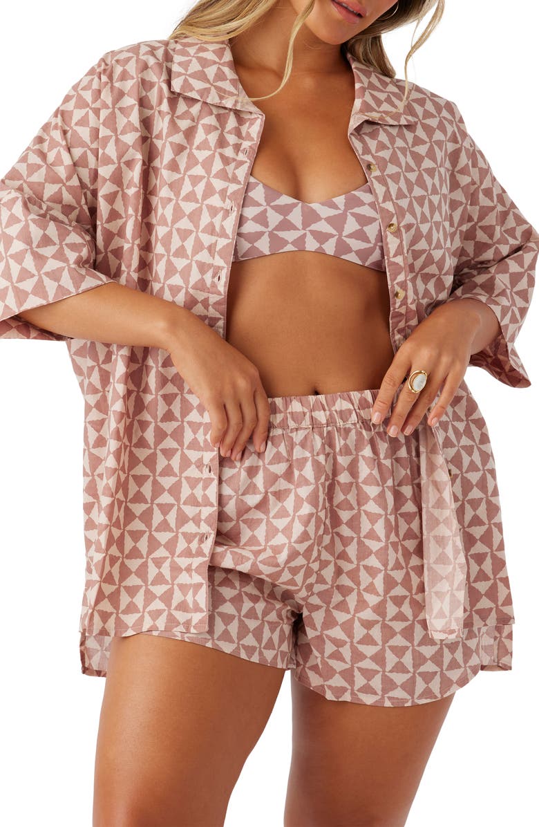 O'Neill Olivia Leaf Print Cotton Cover-Up Shirt, Alternate, color, Rose Dust