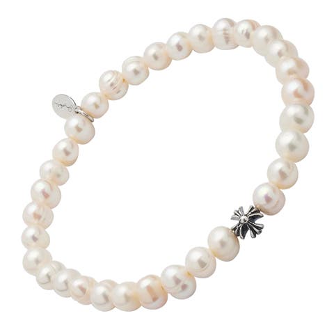 Freshwater Pearl Stretch Bracelet With Sterling Silver Fluted Star Spacer