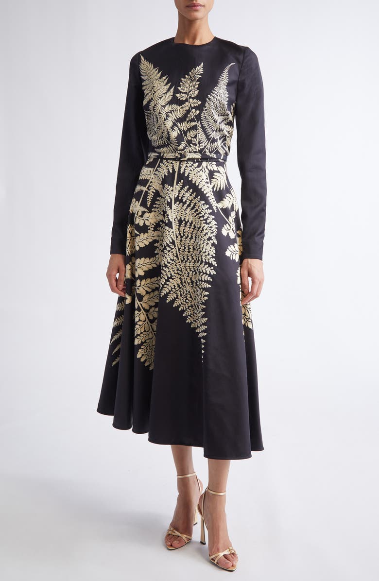 Oscar de la Renta Fern Print Belted Long Sleeve Cocktail Dress, Main, color, Black/ Ecru