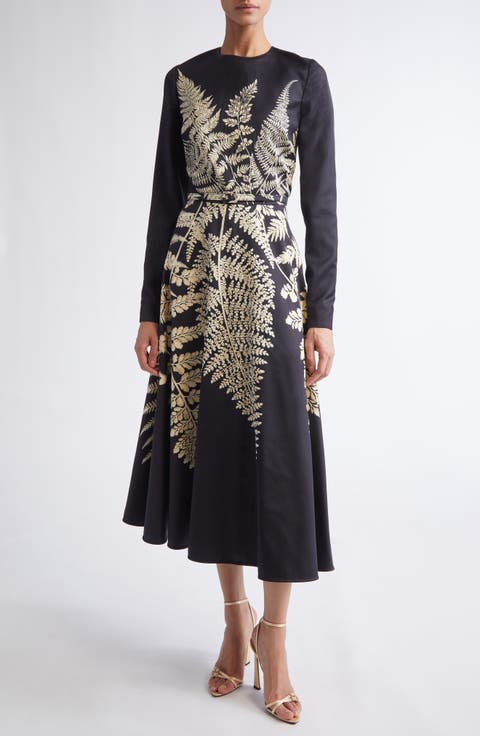 Fern Print Belted Long Sleeve Cocktail Dress