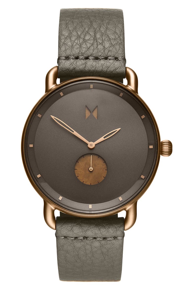 MVMT Revolver Leather Strap Watch, 41mm, Main, color, GREY/ BLACK/ ROSE GOLD