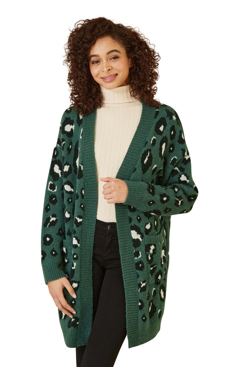 Yumi Animal Intarsia Knit Long Cardigan, Alternate, color, Green