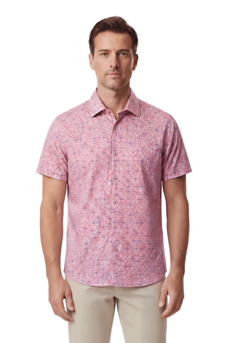Retro Star Mens Printed Button Up Shirt, Main, color, RETRO STAR CORAL