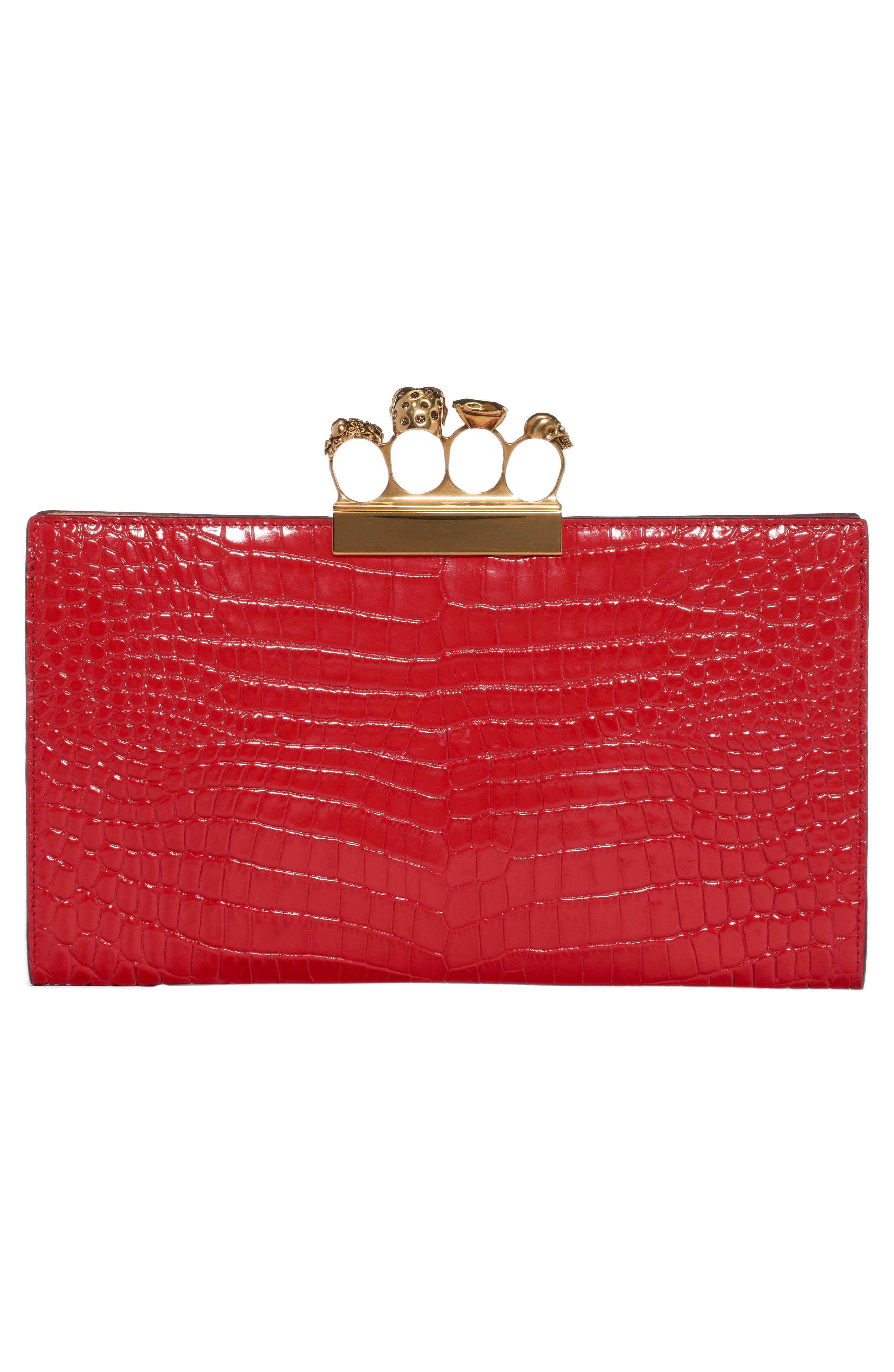 Alexander McQueen Four-Ring Knuckle Clasp Croc Embossed Leather Clutch, Alternate, color, DEEP RED