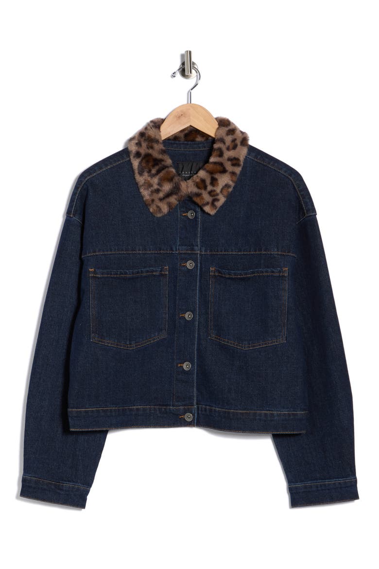 Faux Fur Collar Crop Denim Jacket, Alternate, color, BLUE RINSE