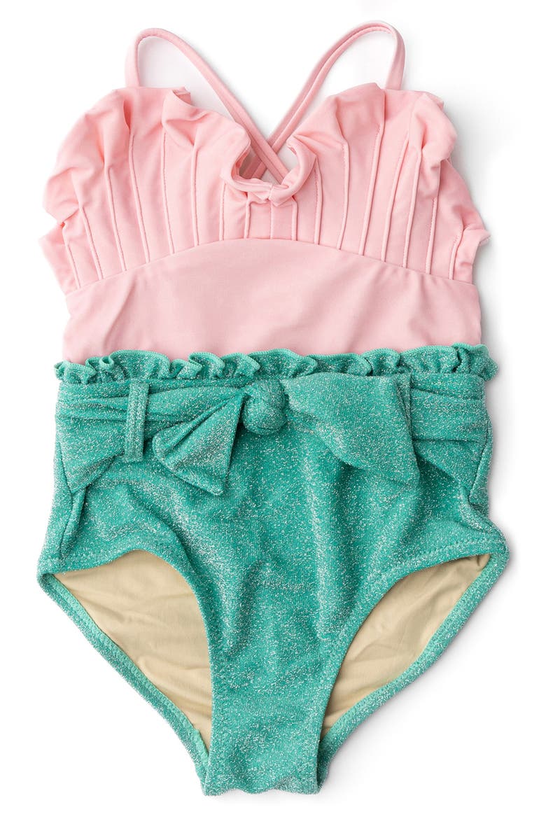 Kids' Metallic Ruffle Tie Belt One-Piece Swimsuit, Main, color, MULTI