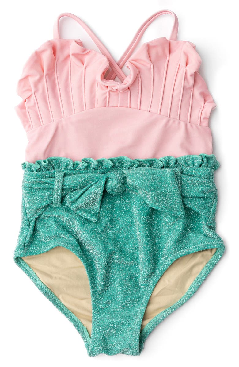 Shade Critters Kids' Metallic Ruffle Tie Belt One-Piece Swimsuit, Main, color, Multi