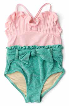 Kids' Metallic Ruffle Tie Belt One-Piece Swimsuit