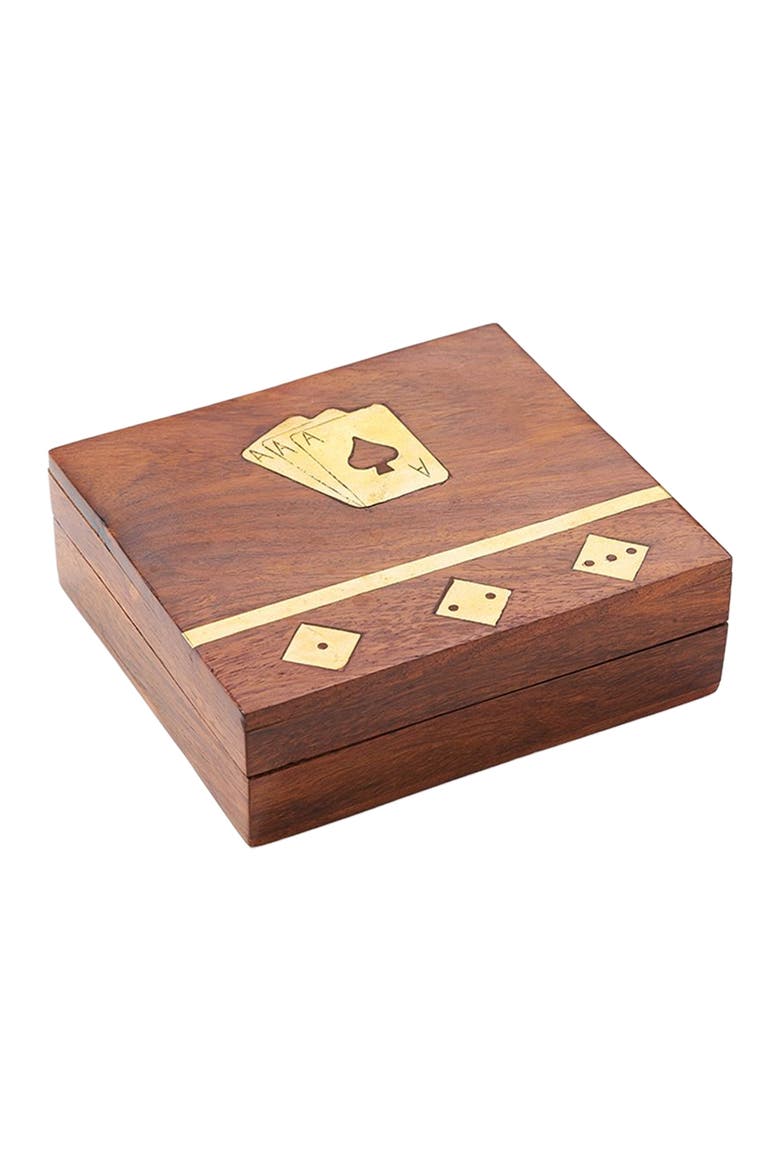 Game Night Box (5 Dice, Playing Cards) - Handcrafted Wood, Main, color, Brown