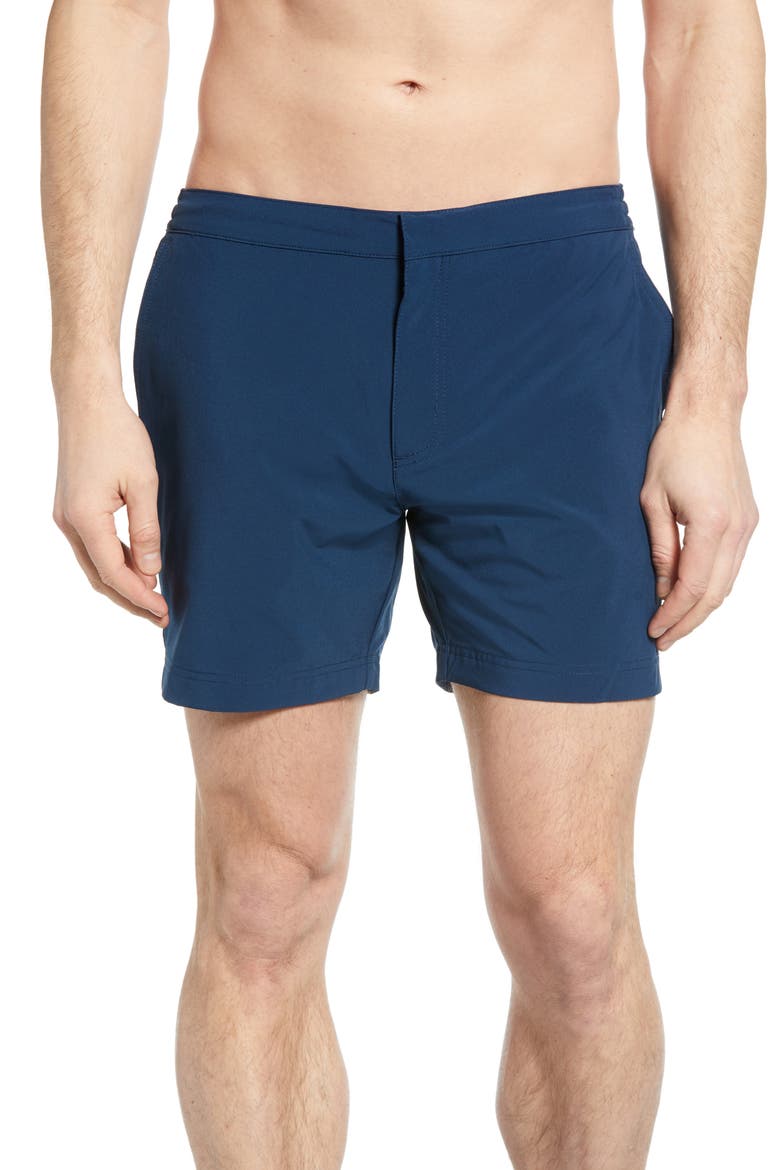 The Sextant Side Stripe Swim Trunks, Main, color, DARK DENIM