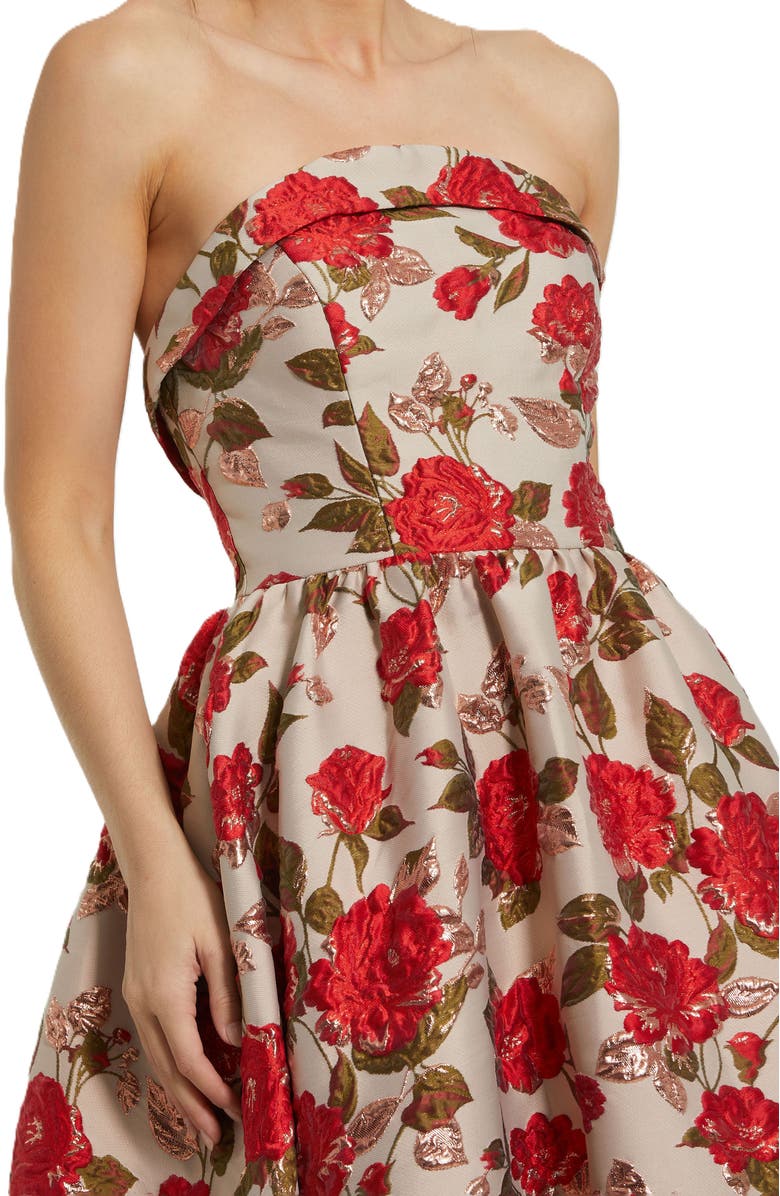 Mac Duggal Brocade Strapless Floral Gown With Ruffle Hem, Alternate, color, White Multi