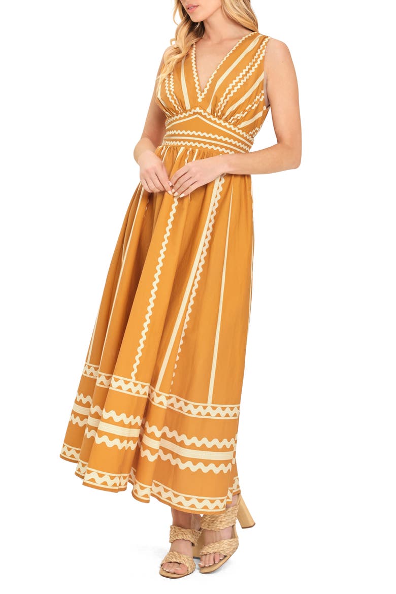 Rickrack Fit & Flare Maxi Dress, Alternate, color, CAMEL IVORY