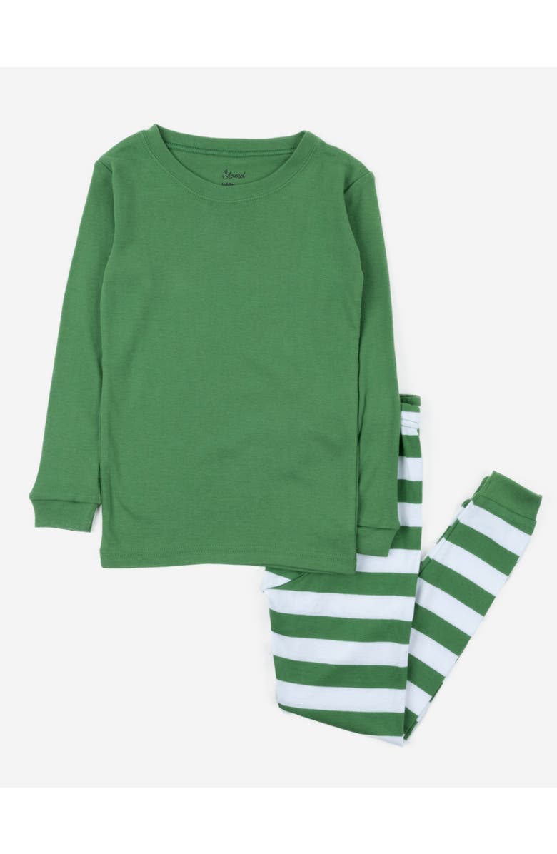 Leveret Kids Two-Piece Striped Cotton Matching Family Holiday Pajamas, Main, color, Solid Green Top & Striped Pant