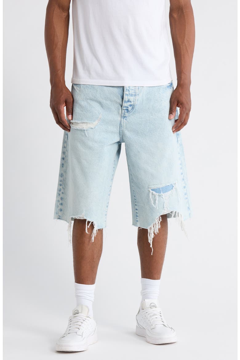 Blowout Patched Raw Hem Denim Shorts, Main, color, LIGHT INDIGO
