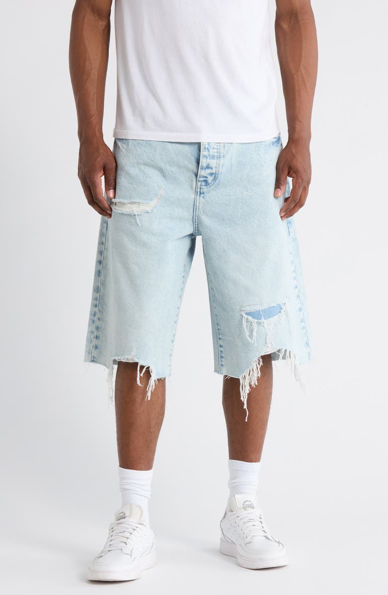 PURPLE BRAND Blowout Patched Raw Hem Denim Shorts, Main, color, Light Indigo