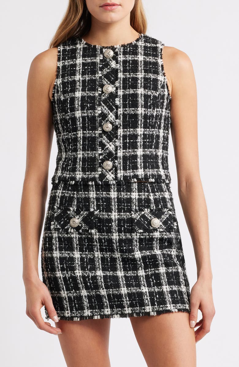 French Connection Windowpane Tweed Crop Top, Main, color, Black-White
