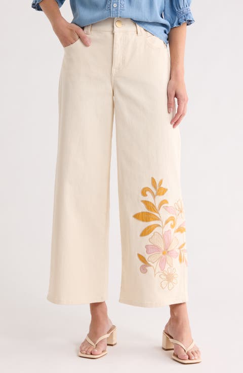 Floral Embroidered Ankle Wide Leg Jeans