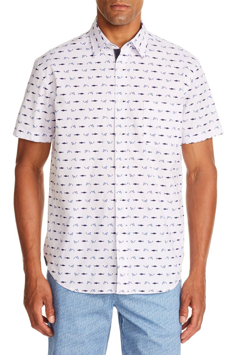 Dolphin Print Slim Fit Shirt, Main, color, WHITE/BLUE
