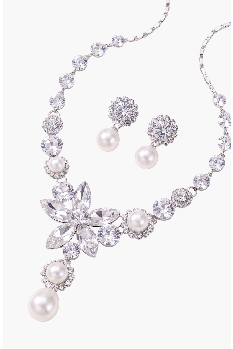 Flower Pearl Drop Necklace and Earrings Set, Alternate, color, Silver