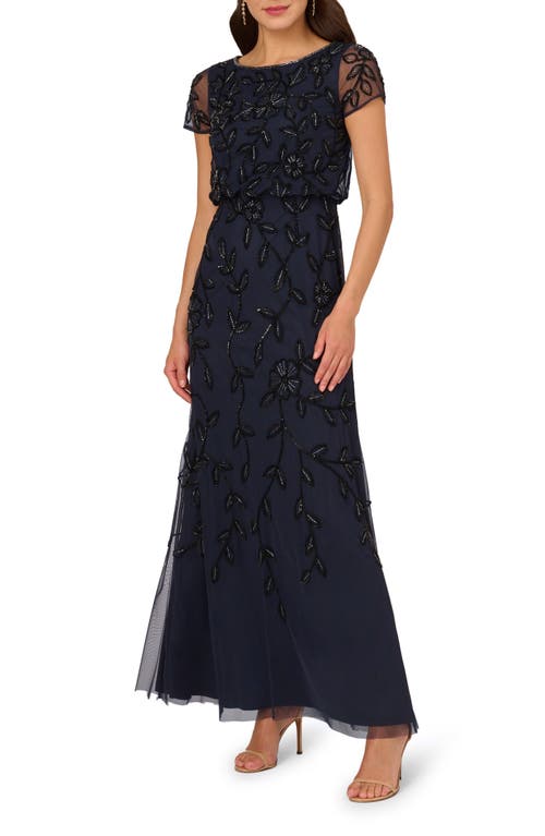 Adrianna Papell Blouson Beaded Gown In Blue