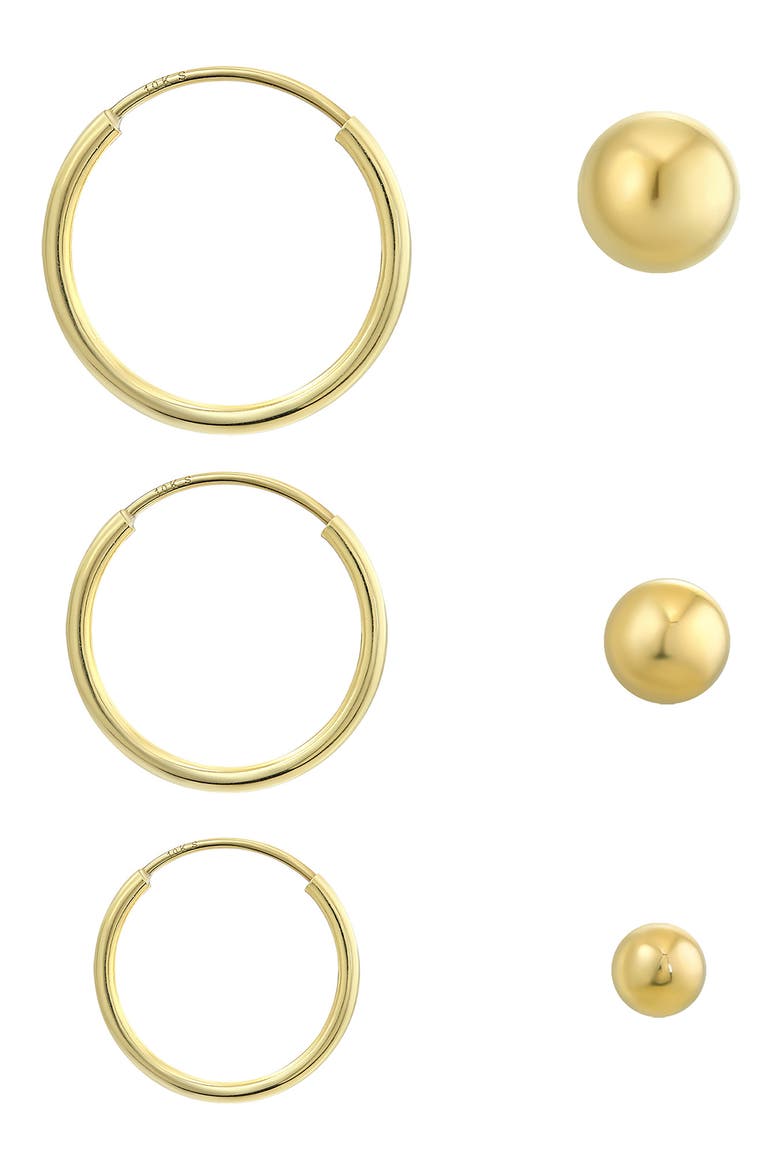 Set of 6 10K Gold Hoop & Ball Stud Earrings, Main, color, GOLD