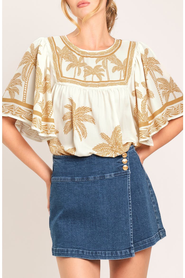Palm Print Flutter Sleeve Top, Main, color, IVORY