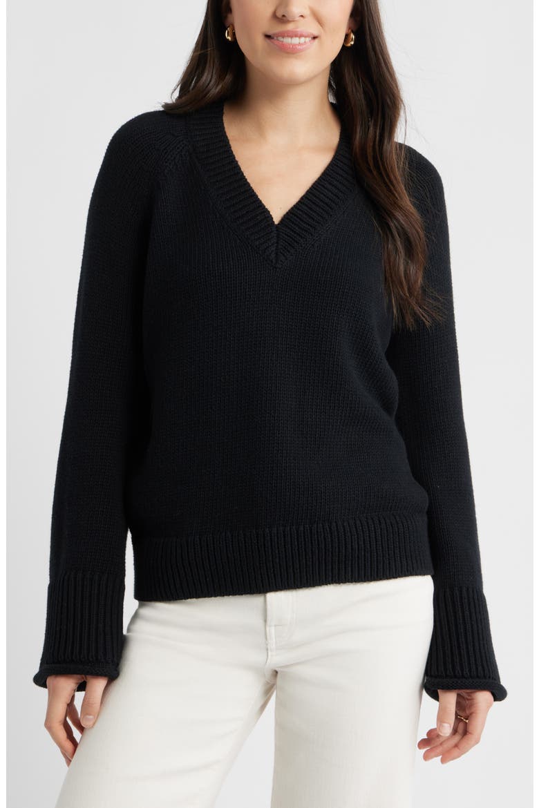 Oversize V-Neck Cotton Sweater, Main, color, BLACK