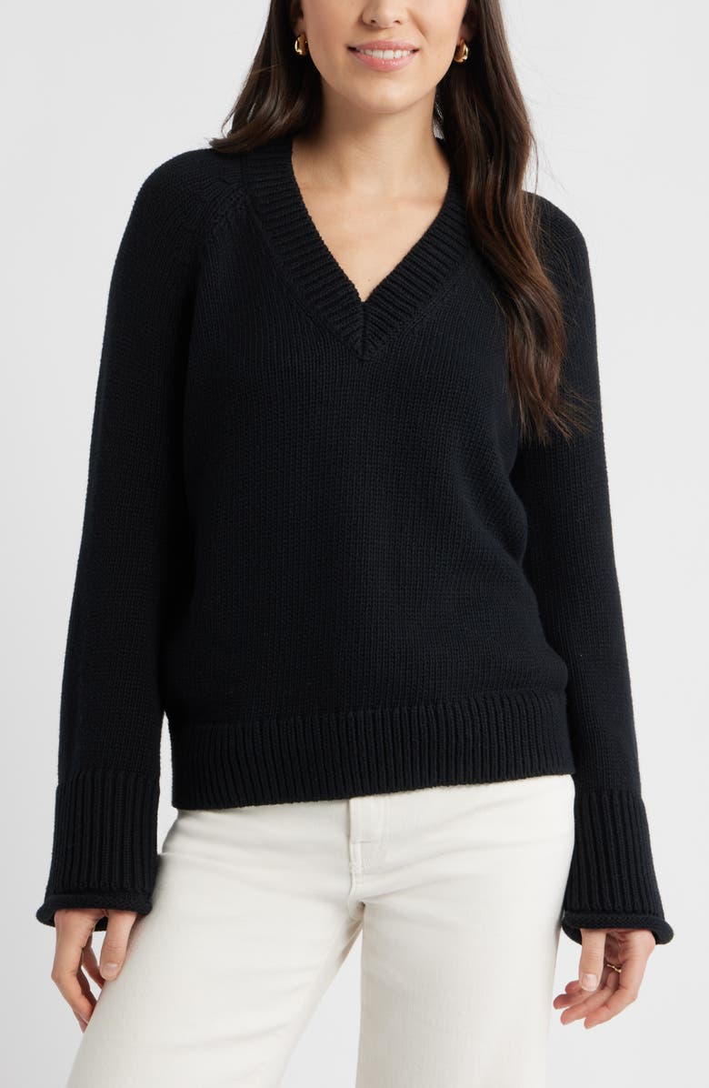 Caslon<sup>®</sup> Oversize V-Neck Cotton Sweater, Main, color, Black